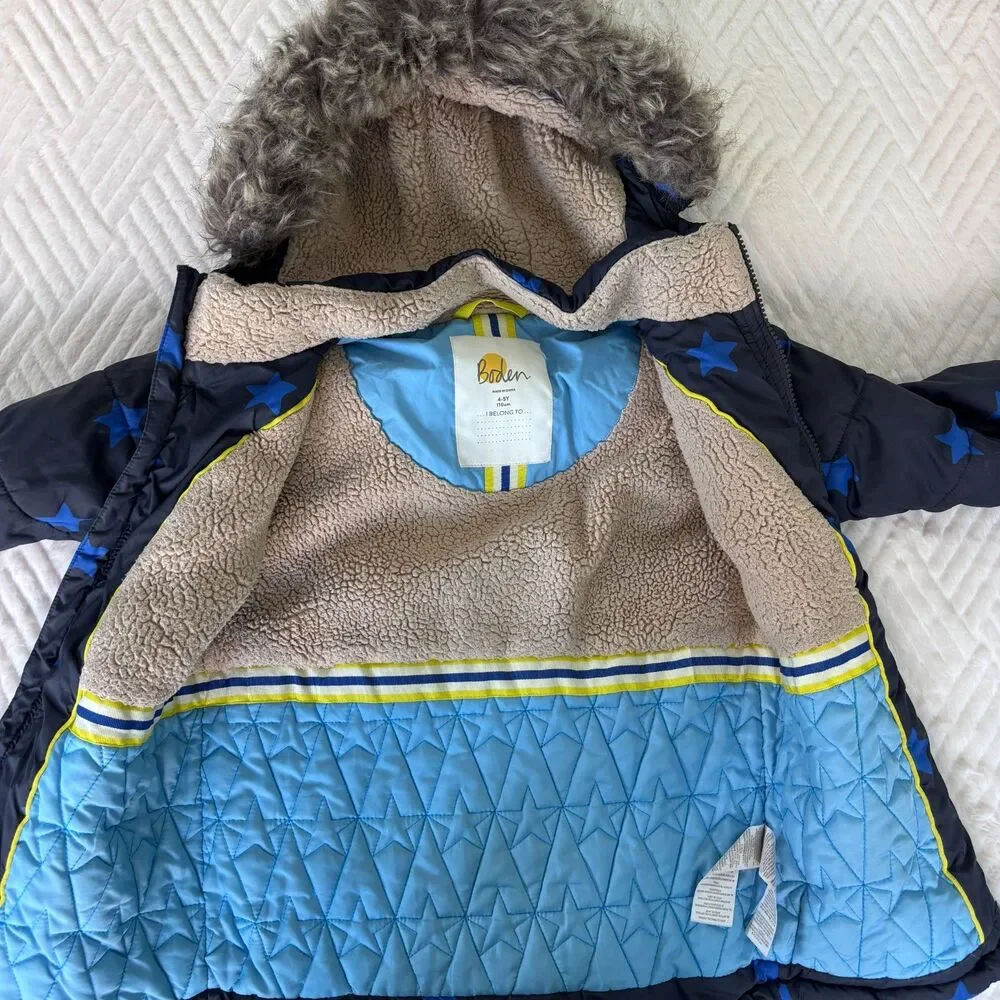 Mini Boden 4-5Y 110cm Navy Blue Star Puffer Parka Faux Fur Hood Winter Coat